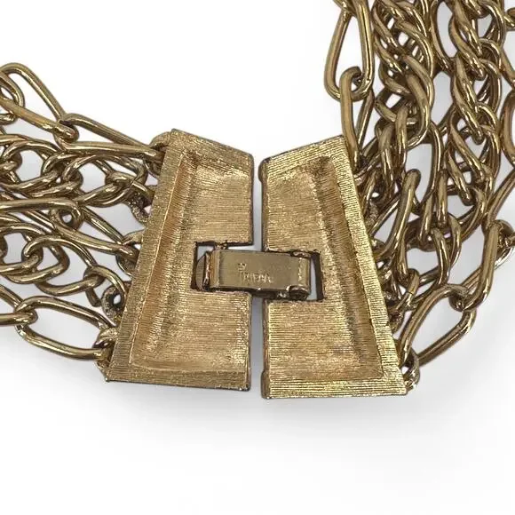 Crown Trifari Multi Strand Chain Statement Necklace Gold Tone 5 Chains Vintage - Picture 3 of 10